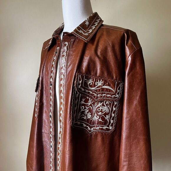 Vintage Ira Hoss Western Leather Jacket XXL Brown Tooled Embroidered Shacket - Picture 6 of 16